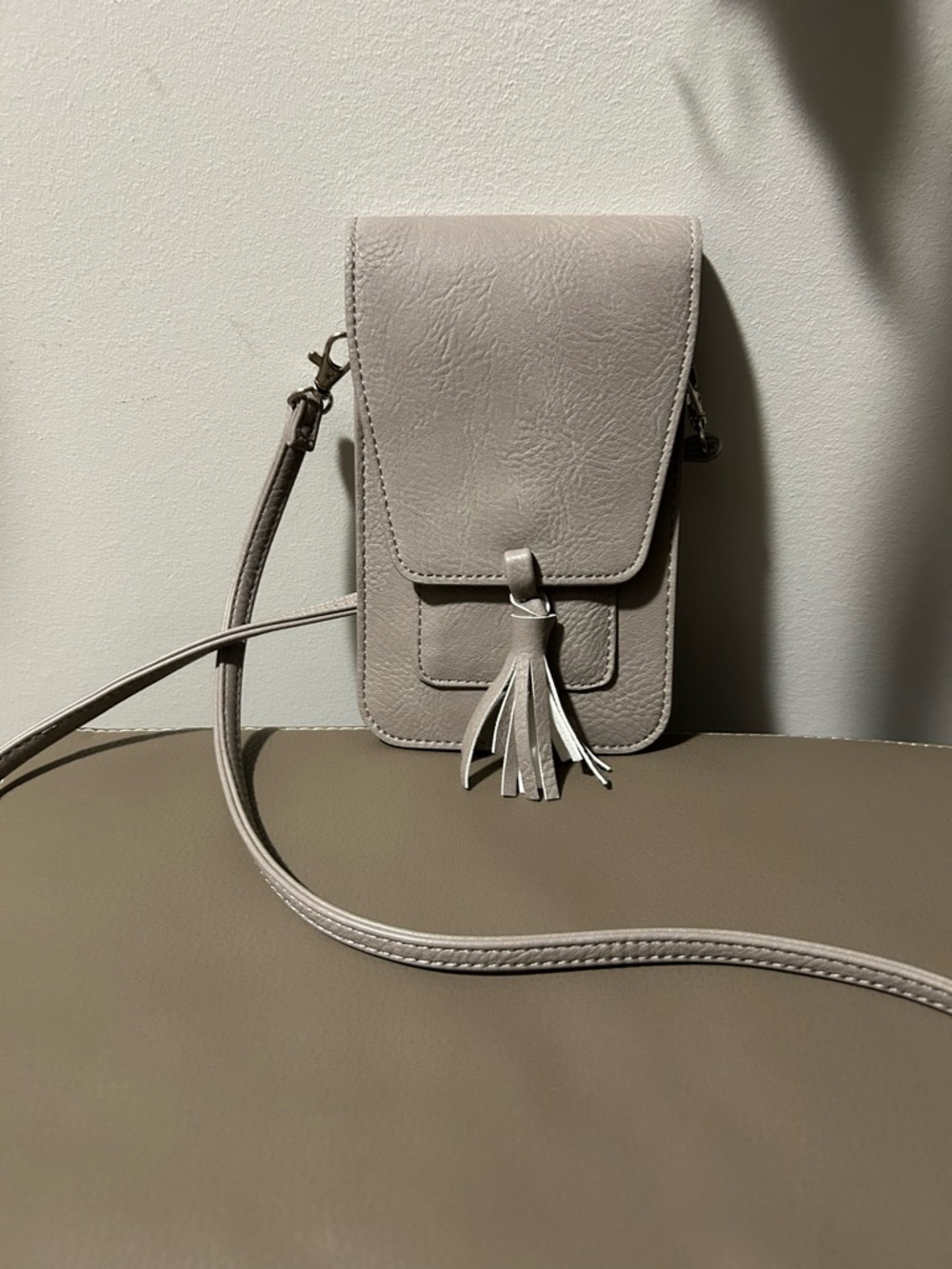 Leather Tassel Crossbody Phone Bag - Taupe